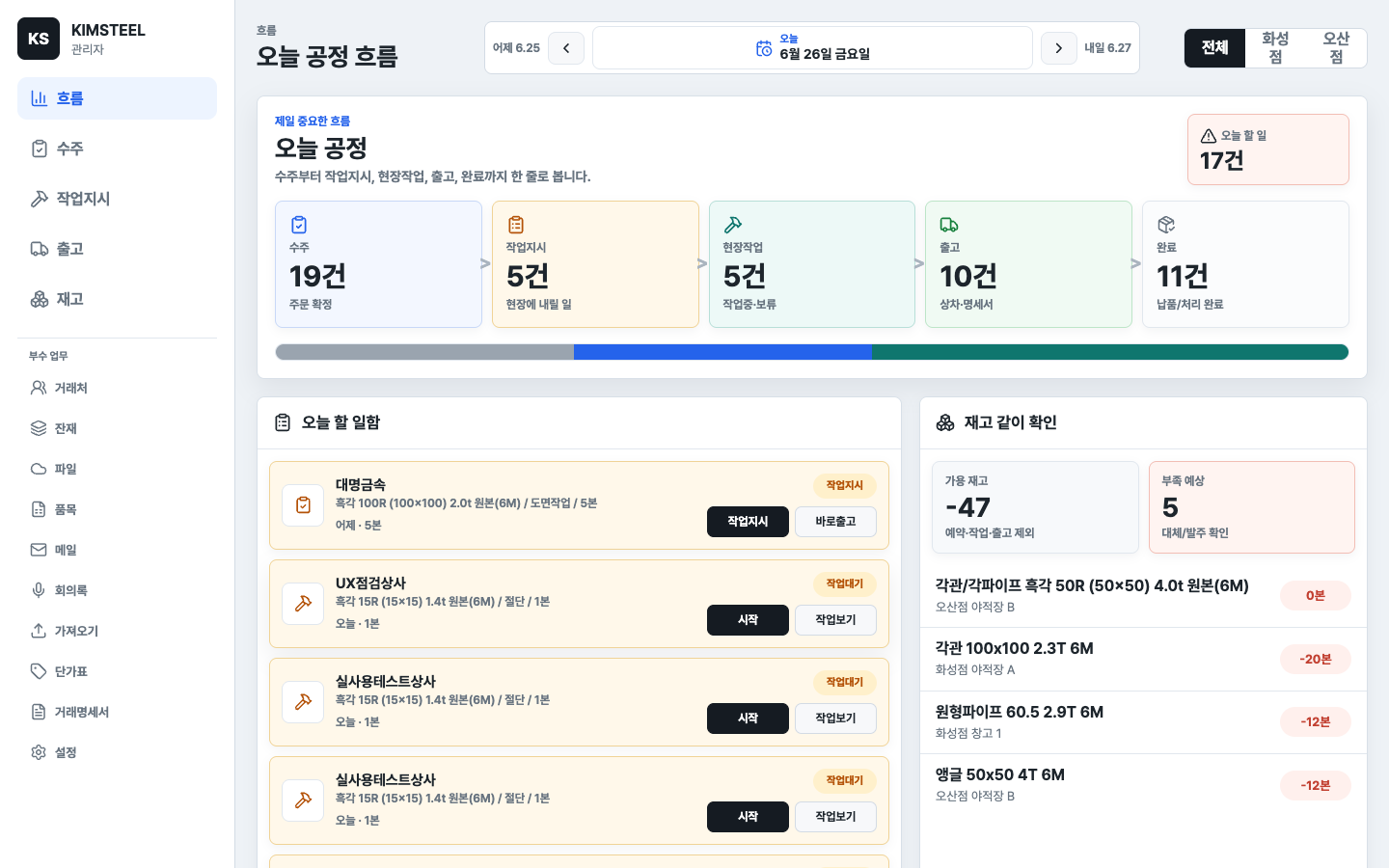 자재·재고·출고를 현장에 꼭 맞게 실제 화면